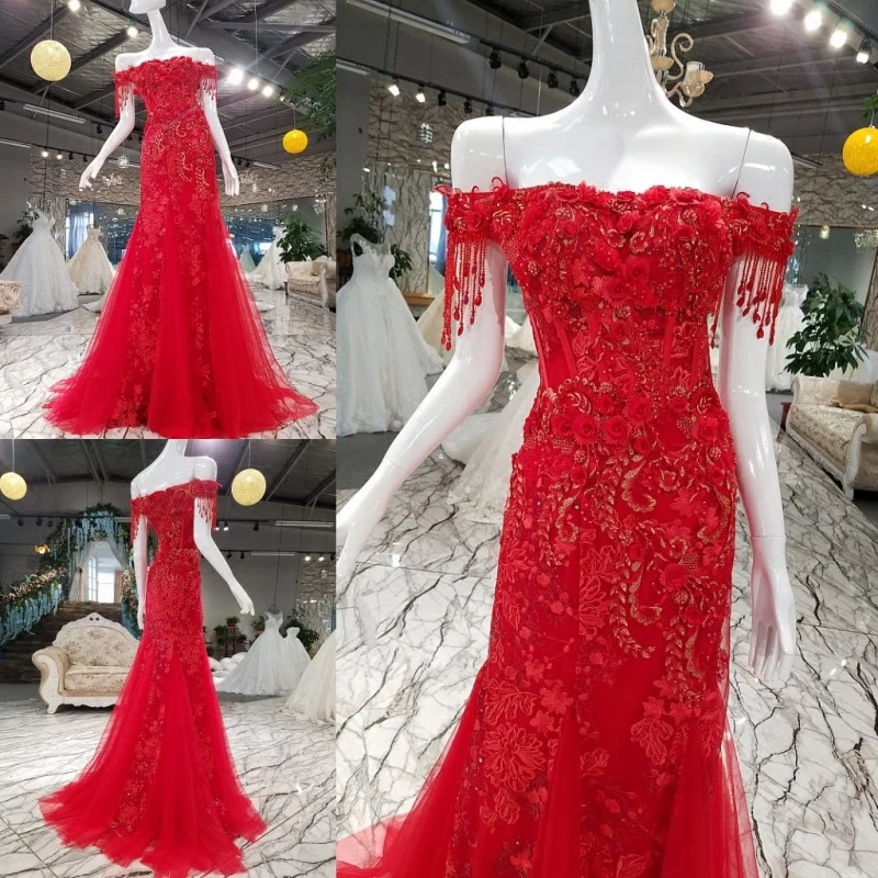 LSGF922 Русалка вечерняя вечеринка красная с плеча зашнуровать вверх по лодке шеи