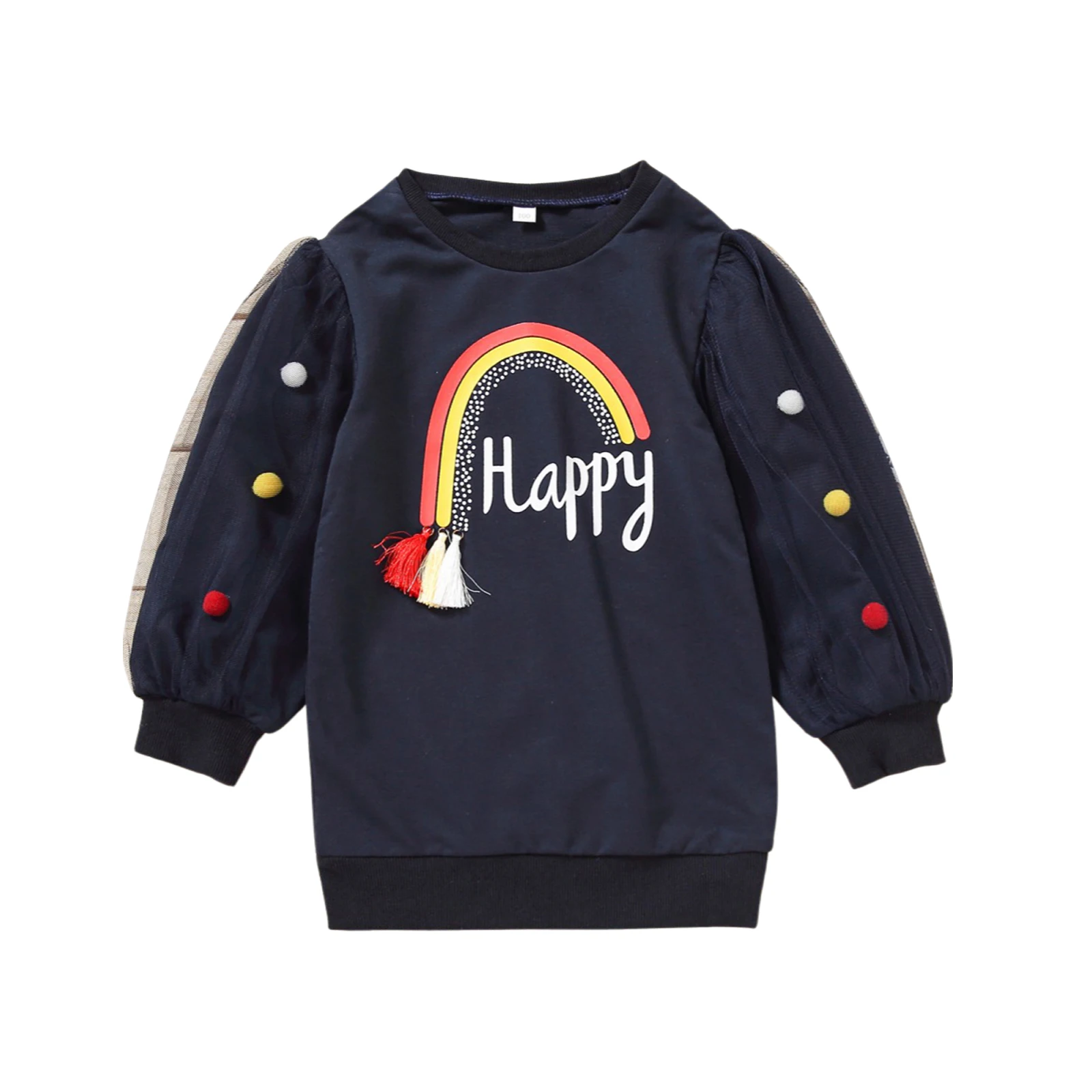 

Little Girls Hoodie Dress Rainbow Printing Round Collar Plush Ball Tassels Decoration Mesh Splicing Long Sleeve Princess Skirt