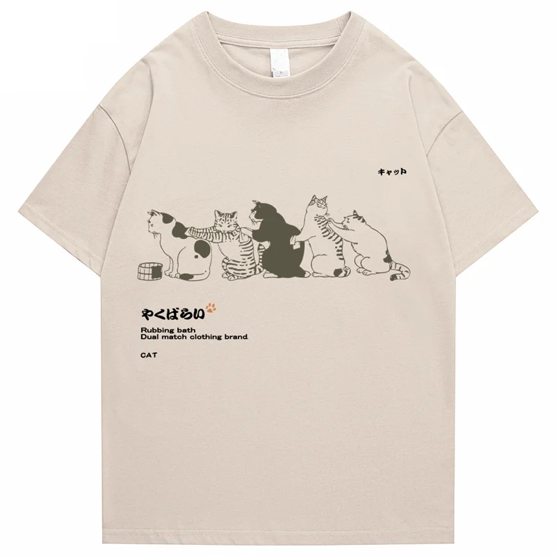 2022 Men Hip Hop T Shirt Streetwear Japanese Kanji Harajuku Funny Cat T-Shirt Summer Short Sleeve Tops Tees Cotton Print Tshirts