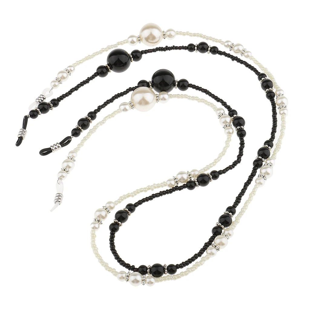 

2pcs Beautiful Elegant Beaded Eyeglasses Holder Necklace Sunglasses Neck Strap Chain String White Black
