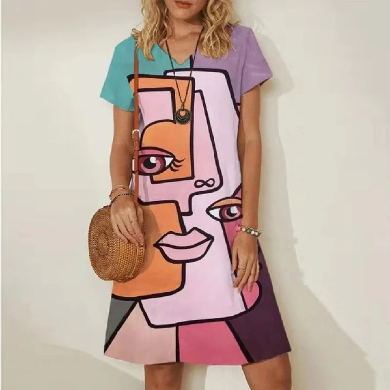 

Gothic Plus Size Dress Summer Peculiar Pattern African Dresses for Women In Clothing Cartoon Print Loose V-Neck Short Sleeve