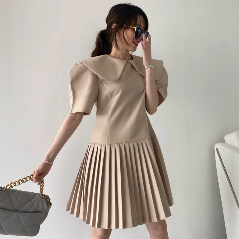 

Women Dress 2021 Summer Korean Chic Ladies French Doll Collar Slimming Waist Puff Sleeve Stitching Pleated Vestidos