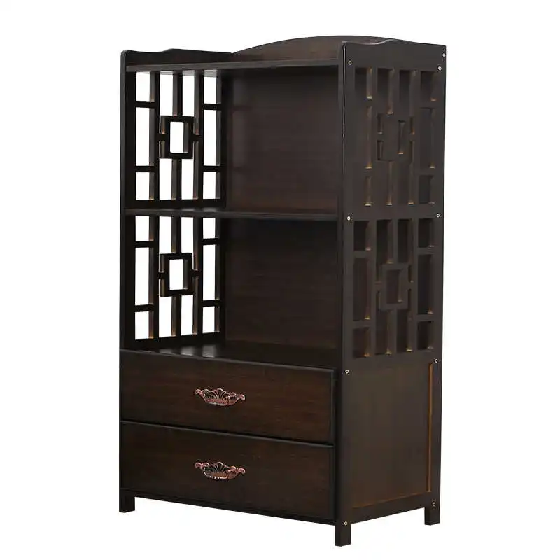 

Household hot sales shelf partition living room solid wood tea set display shelves small storage rack with drawer