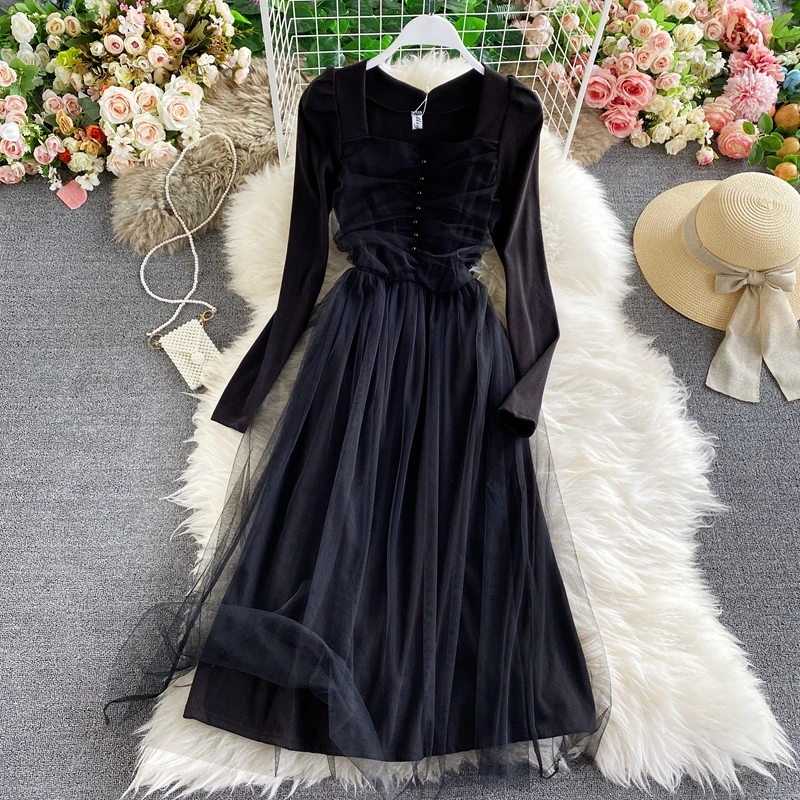 

2021 spring new women's square collar puff sleeve knitted with mesh dress female chic single breasted A-line dresses