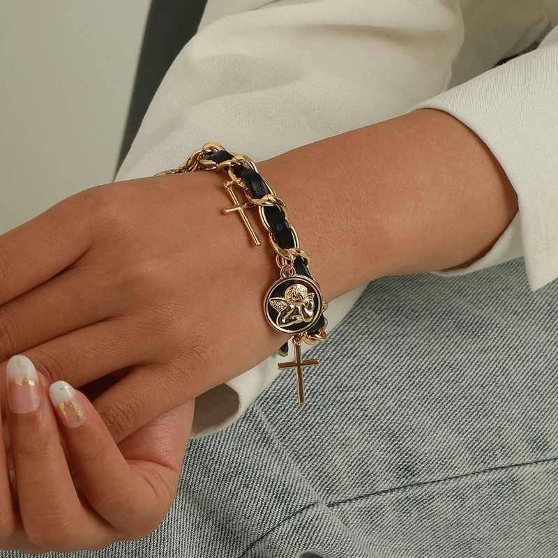 

Boho Punk Charm Bracelet for Women Carved Angel Disc Bangle Gold Cross Tassel Thick Chain Leather Pendant Women Bracelet Jewelry