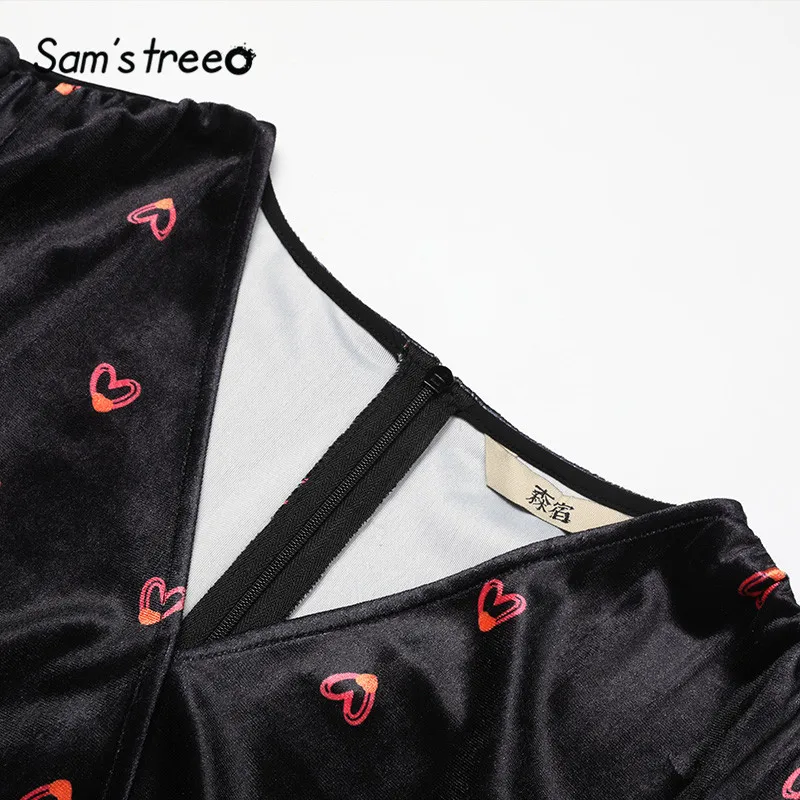 SAM'S TREE/черные однотонные бархатные женские платья с принтом Love, зимнее повседневное офисное Повседневное платье с длинным рукавом-фонариком для девушек