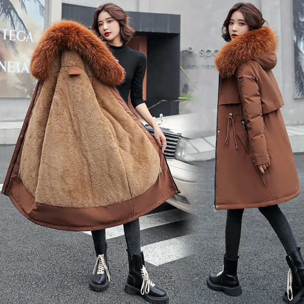PinkyIsBlack Fashionable Solid Warm Thick Fleece Hooded Winter Jacket Women New Fur Liner Parkas Female Winter Long Coat Women