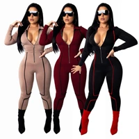 womens stylish slim tight leg jumpsuit sexy long sleeve deep v neck motorcycle suit elastic high waist jumpsuits for women 2020