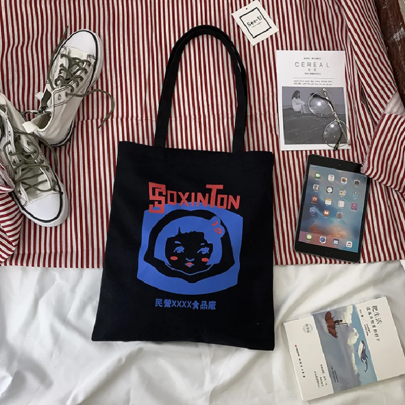 

Female Handbags Ins Funny Letter Print Student Canvas Bag Solid Portable Shopping Underarm Bags Women Sac Main