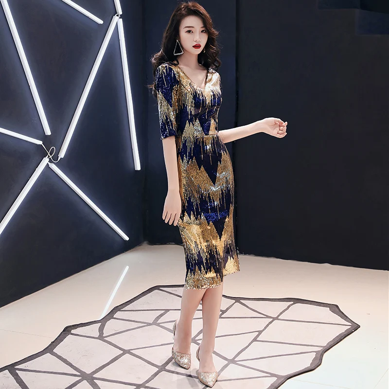 

AE804 Sexy Mermaid Evening Dresses V Neck Striped Sequined Half Sleeve Sparkle Formal Dresses Vestido Longo