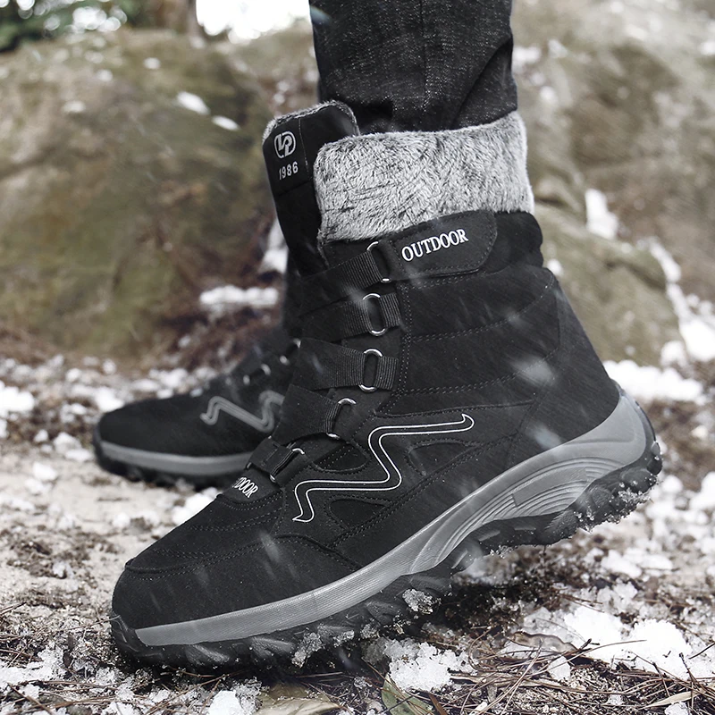 Мужские теплые ботинки JUNJARM Черные ботильоны до середины икры водонепроницаемая