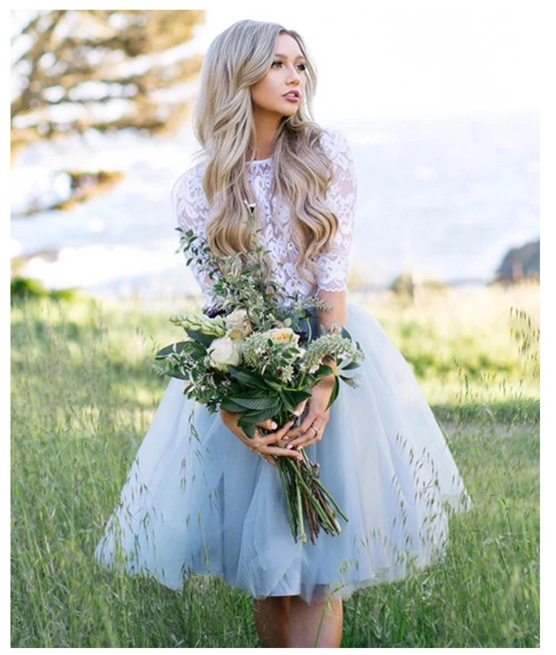 

2019 Half Sleeves Wedding Dress Lace Knee Length Bride Dress Two-pieces Lace Top Beach Informal Dress Cheap Robe de mariee