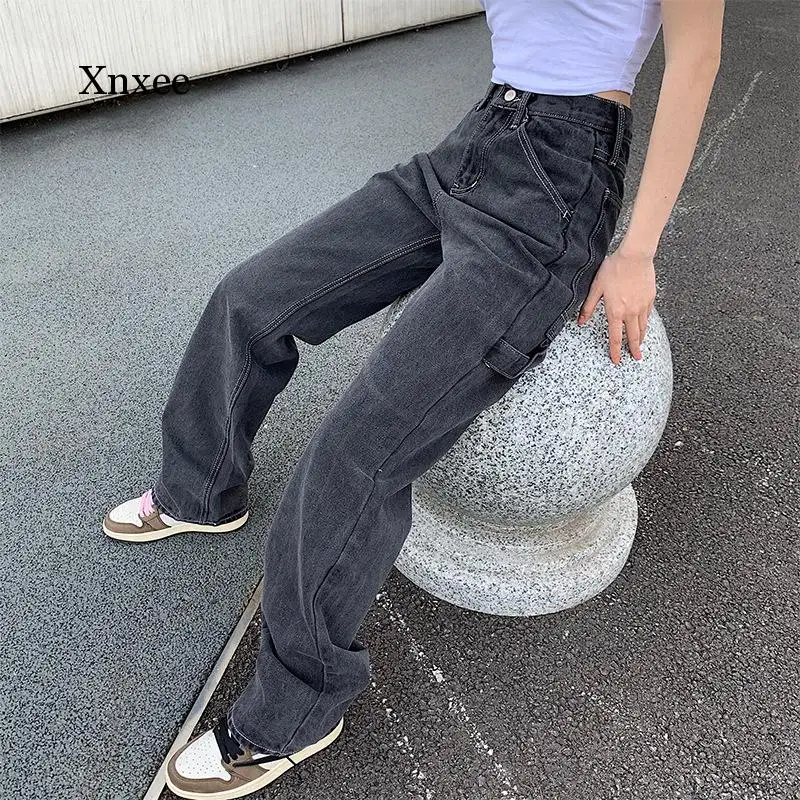 

Woman High Waist Jeans Retro White Black Jeans Trousers Straight Overalls Pants Long Loose Wide Leg Jeans for Women Clothing
