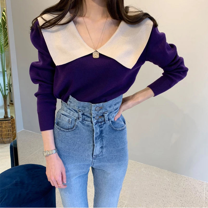 

2019 two-tone, luscious, ruffled Patchwork turtleneck sweater