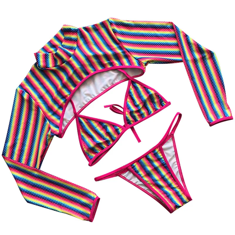 

3Pcs/Set Summer Ladies Rainbow Stripe Gradient Printing Swimsuit Bikini Adults Women Sexy Bikini Set Female Swimwear Beachwear