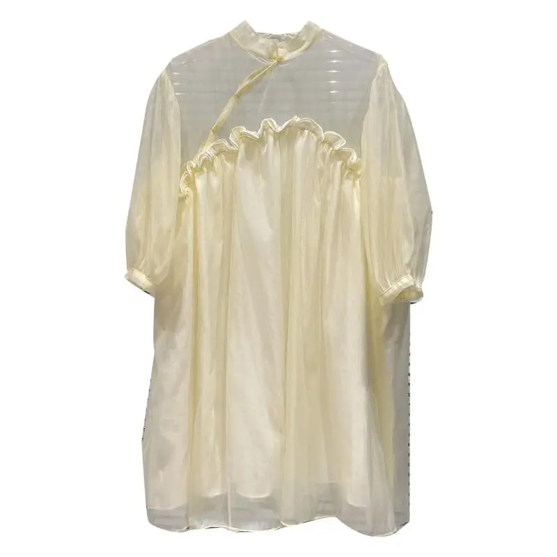 

Mesh Stitching Lace Design Yellow Blouse Women 2021 Summer New Short Sleeve Loose Short Dress