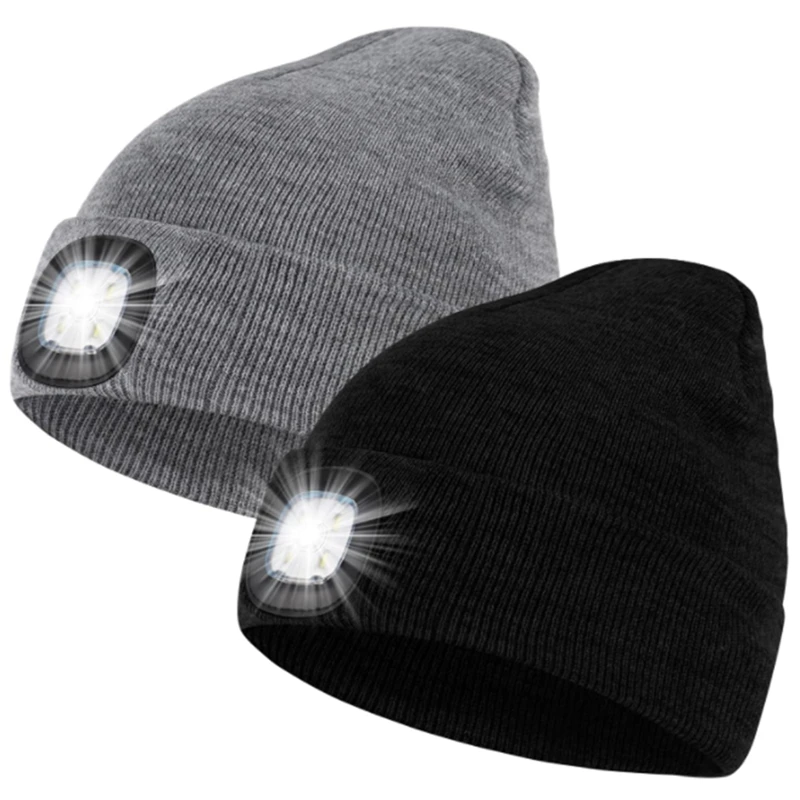 

2 Pack LED Beanie With Light,Knitted Luminous Cap,USB Rechargeable Headlight Cap,For Outdoor Dog Walks,Hiking,Camping