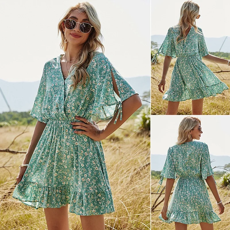 

Women Clothing Ladies Beachwear Dresses Summer Sun Dress Beach Green Pleated