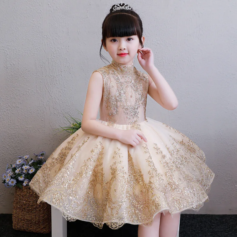 

Girls High Qulity Elegant Wedding Dress Girl Dress Paillette Princess Party Pageant Formal Dress Sleeveless Lace Tulle Dress