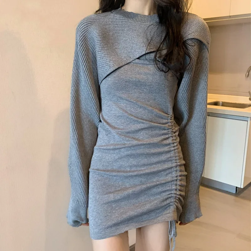 

Autumn Spring Fashion Women Skirt Sexy Short Sweater+Drawstring Sling Dress Suit Two-Piece Set Solid Color Knitted Sweater Skirt