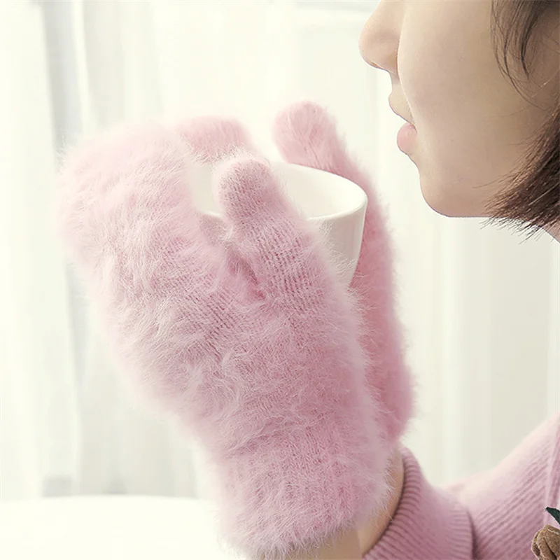 

Cute Rabbit Wool Glove Women Girls Winter Thick Fluffy Soft Mittens High Quality Solid Color All Fingers Outdoor Warm Gloves