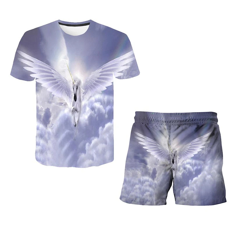 

Summer Unicorn T-shirt Suits 2 Pieces Sets T-shirt & Shorts Fashion Boys T Shirt Children's Clothing Sets Angel Girls Clothes