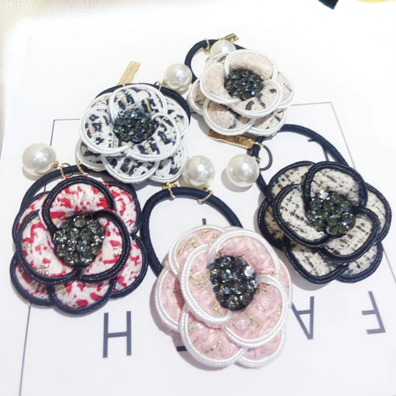 

Fashion Exquisite Hair Rope Camellia Flower Rhinestone Hair Ring Temperament Women Hair Circle Tie For Girls Headdress Accessory