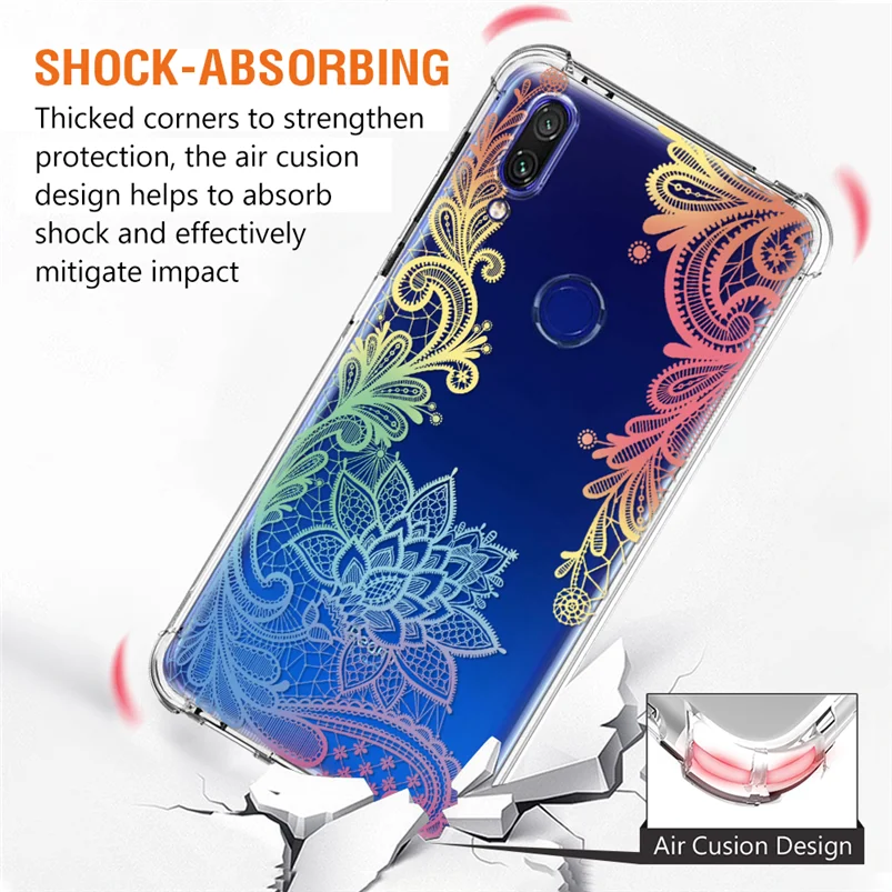 Прозрачный чехол с цветочной подушкой безопасности для Xiao mi Red mi 7 7A 6A 5 Plus K20 Note 4 4X5 6 7 Pro mi 9T A3 6 8 Lite 9 SE Play CC9 CC9e TPU