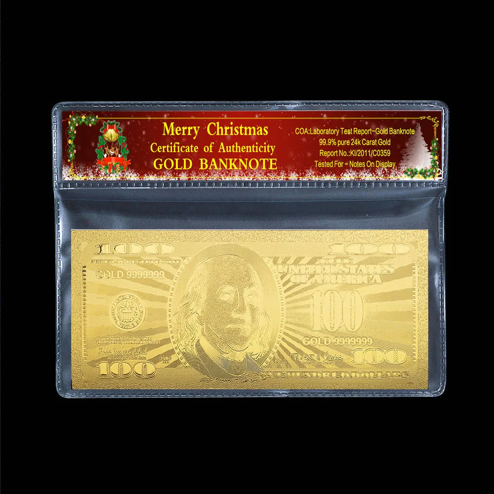 100 долларов банкнот в пластиковой рамке 24 карата золотого цвета Счастливого