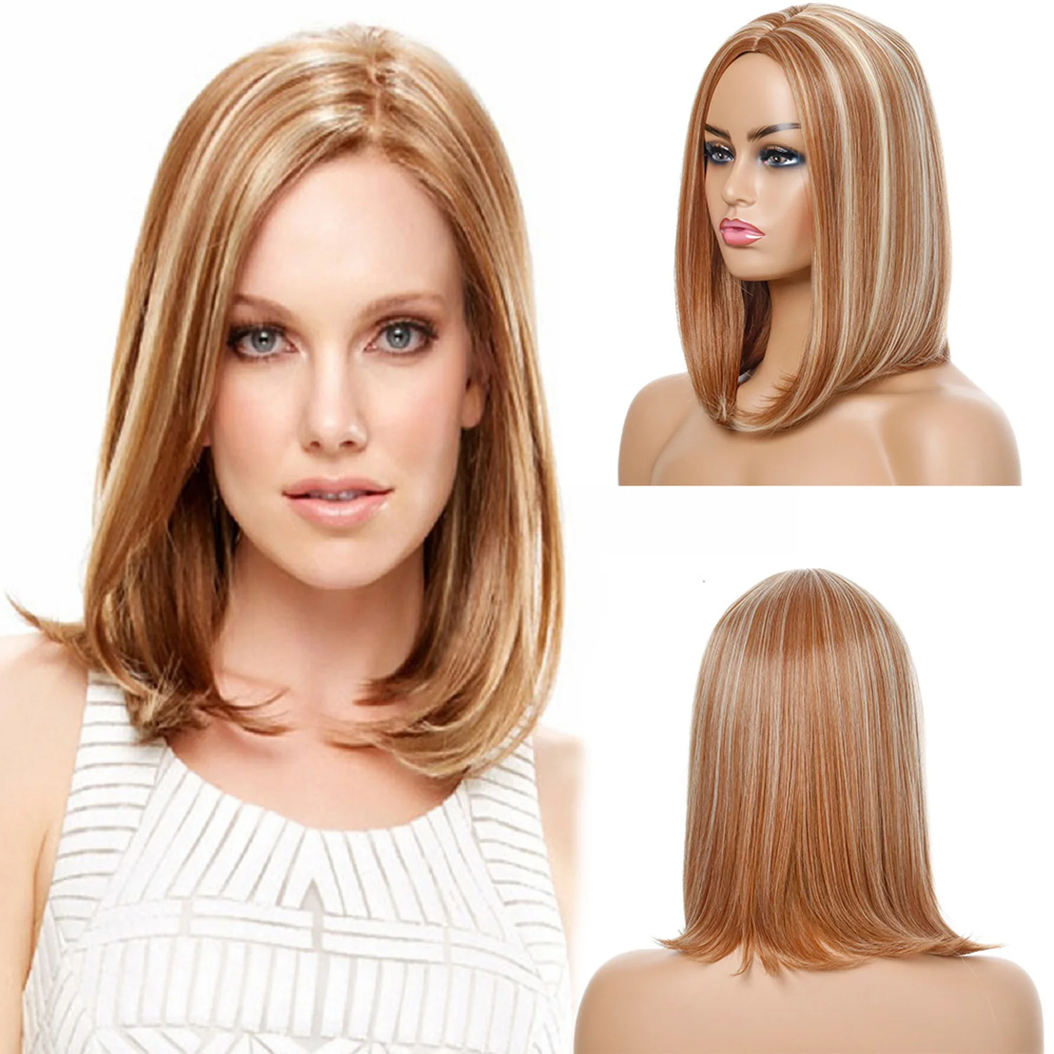 

Wavy Bobo Wigs for Women Middle Point Synthetic Wig Golden Brown Hair Mixing Colour Cosplay Heat Resistant Shoulder Length Wigs