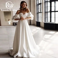 ramanda simple puffy sleeves satin wedding gown sweetheart neck beading with pearls a line off the shoulder backless bridal gown