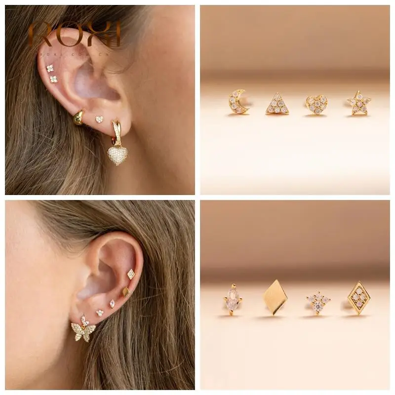 

ROXI 4Pcs/set Small Crystals Stud Earring for Women Sterling Silver Moon Heart Star Triangle Geometry Piercing Earing Jewelry
