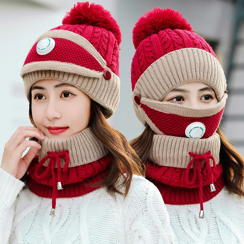 

Women Winter Knitted Hat Thicken Warm Ladies Masks Bib All-in-one Hat Hat Hair Ball Knitted Hat Girl's woolen hat