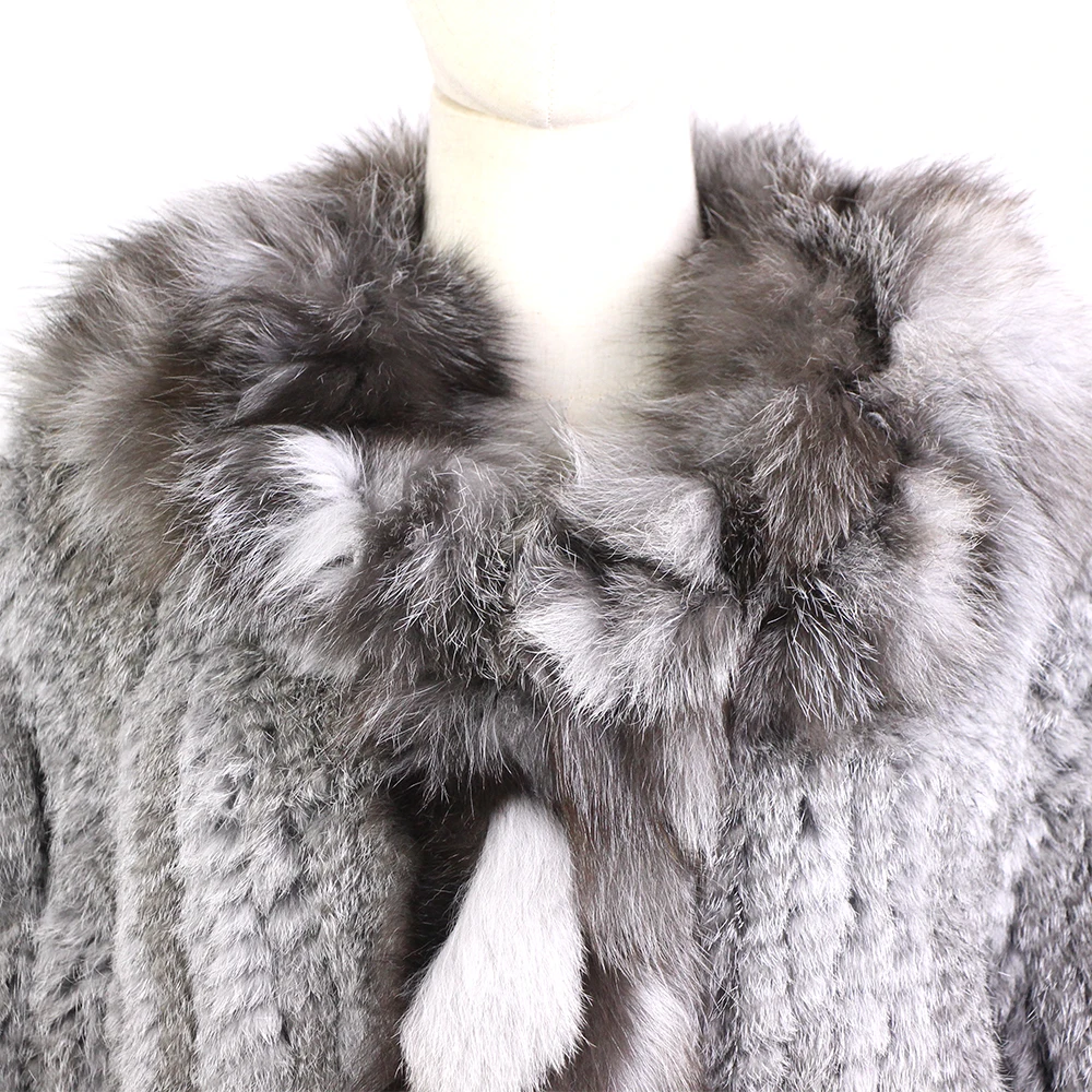 Женское зимнее трикотажное пальто Harppihop с воротником из лисьего меха|real rabbit fur