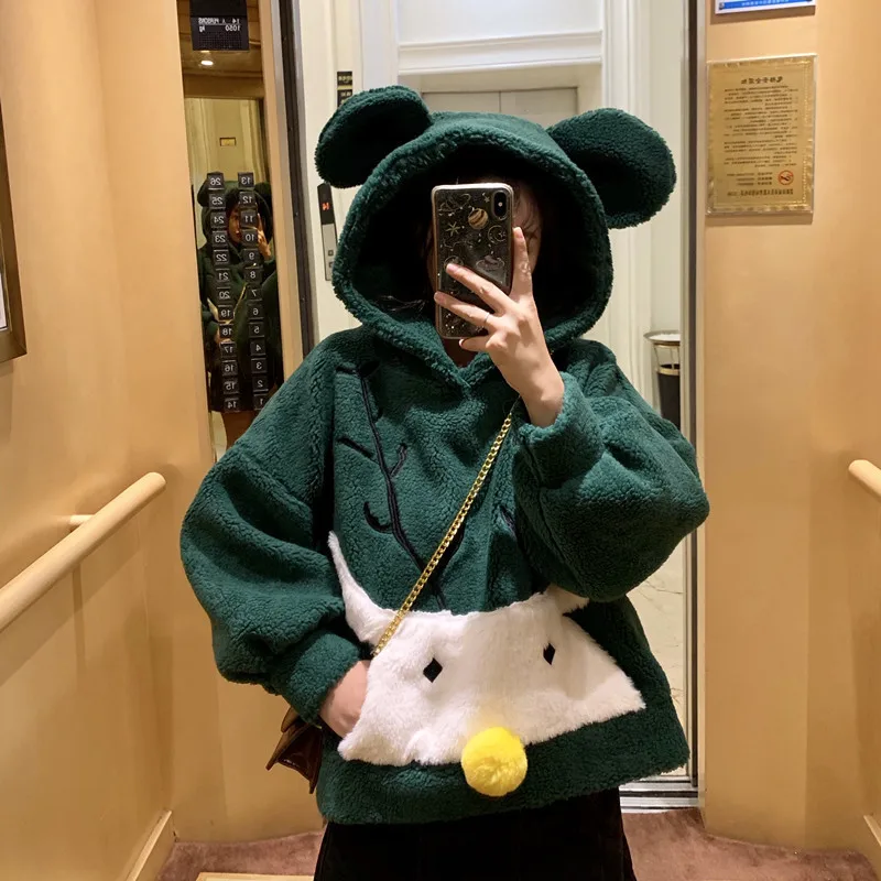 

2021 Korean student cartoon autumn winter sweater, plush thickened ears, hooded imitation cashmere green coat, female