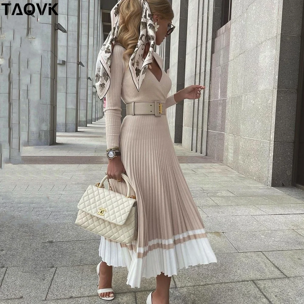 

TAOVK Women's Knit Dress Cross Deep V-neck Long Sleeve Pleated Slim Knitted Hem Colorblock Dress
