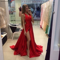 red prom dress sexy v neck high side slit long special occasion party gown