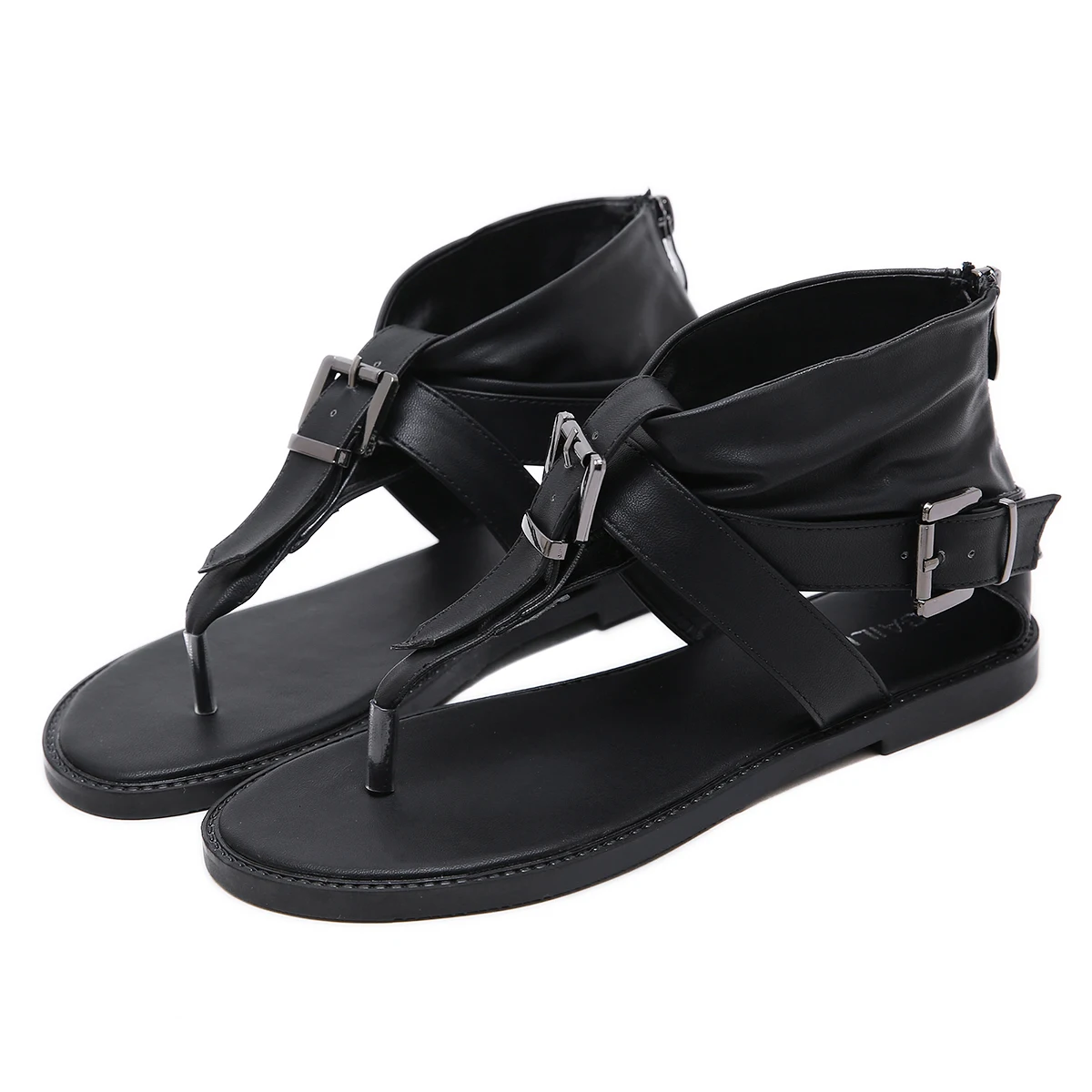 

Roman Style Flat-Bottomed Comfortable Solid Color College Style Casual Zipper Ladies Sandals Summer Hot-Selling Large Size 35-40