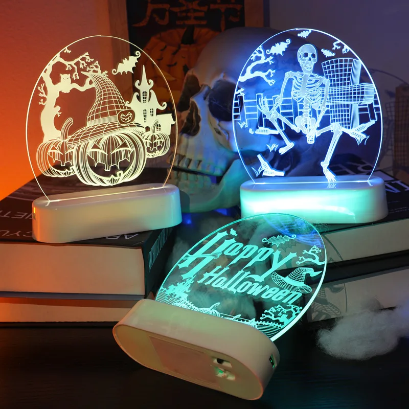 

2021 Halloween 3D Acrylic Night Light Led Bedroom Decoration Night Lamp Home Party Holiday Halloween Pumpkin Ghost Skull Light
