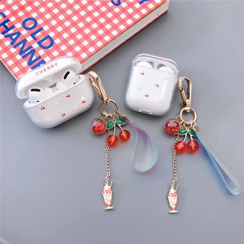 

Cherry flower pattern transparent earphone case for Apple airpods Pro case for AirPods 1 2 case soft shell cute pearl bracelet