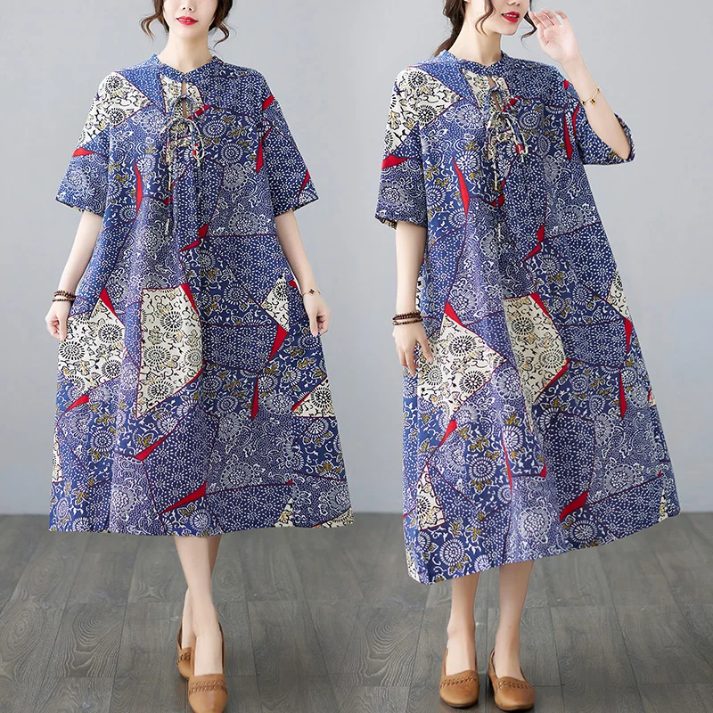 

2021 Plus Size Summer Dress Vintage Floral Beach Sundress Women Vestidos Cotton Linen Elegant Lady Loose Print Dresses