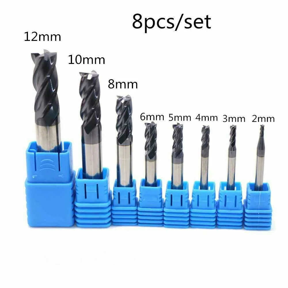 

8pcs 4Flutes Tungsten Carbide End Mill Set Milling Cutter Tool 2mm-12mm HRC50 Router Bit Woodworking Tool Wood Milling Trimming