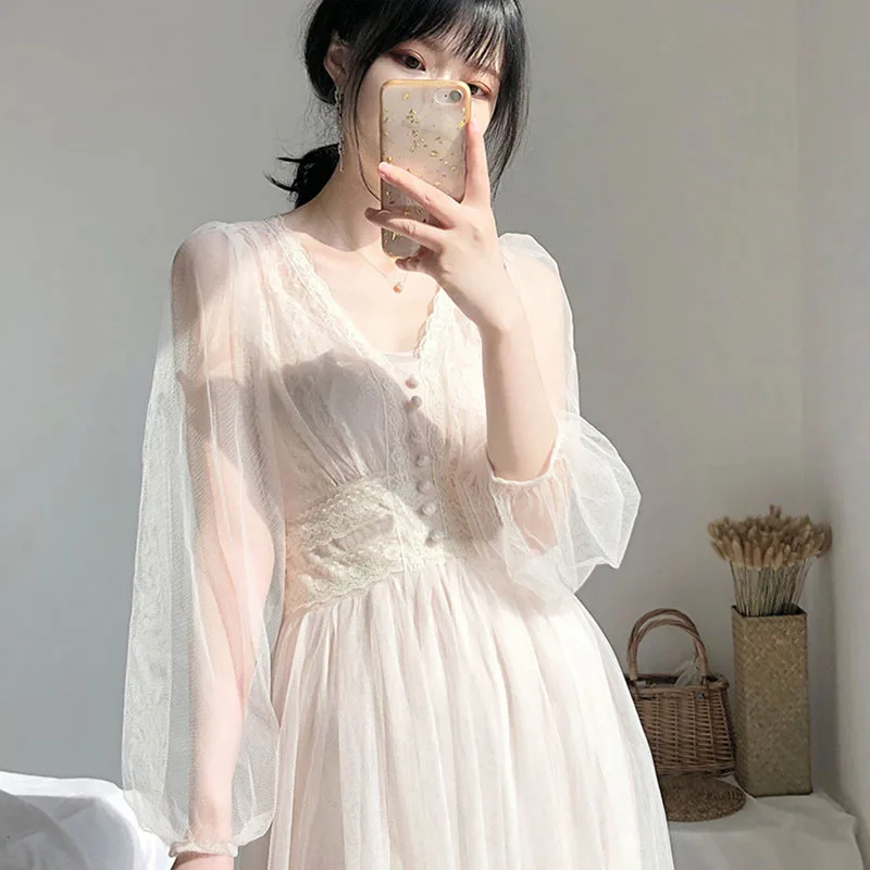 

Plus Size Elegant Button A-Line Vestidos White Dress Women 2021 Spring Puff Sleeve Empire V-Neck Lace Voile Mesh Dresses 8126