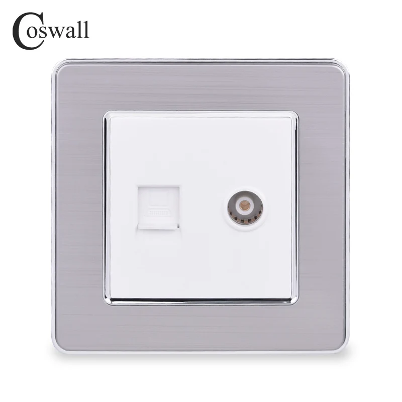 White COSWALL RJ45 Интернет данных компьютерный разъем CAT5E разъем с женский ТВ выход нержавеющая сталь матовая панель настенная розетка - Тип: White