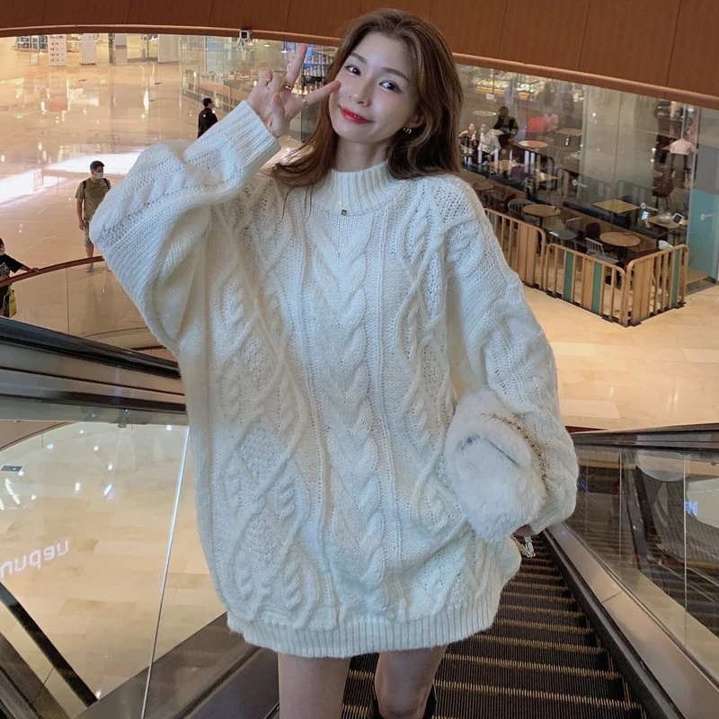 

New Pullovers Women Long Knitted Sweater Korean Style Fashion Clothing Solid Tops Female Loose Casual Jumper Thick 2020