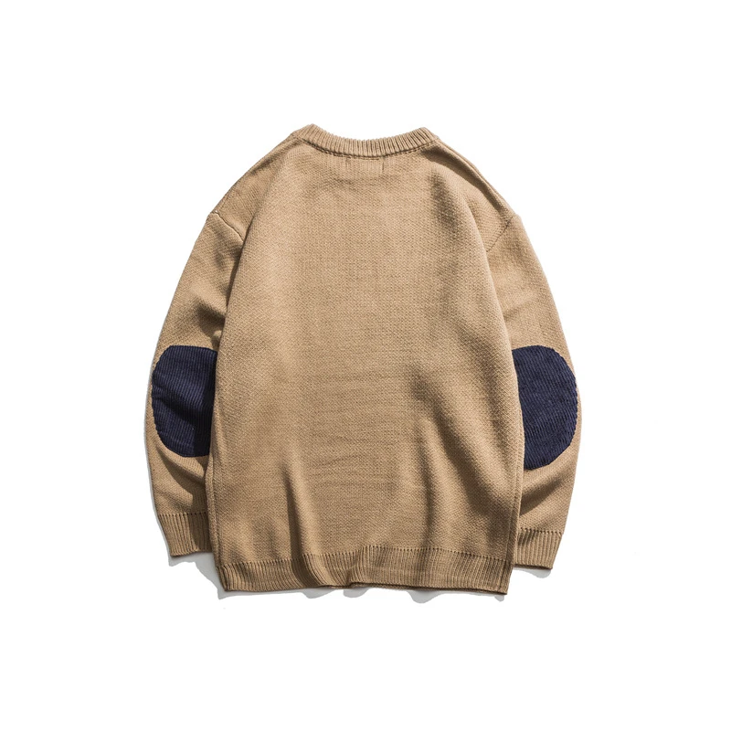 Японский жаккардовый свитер в стиле Харадзюку с нашивками на локтях и