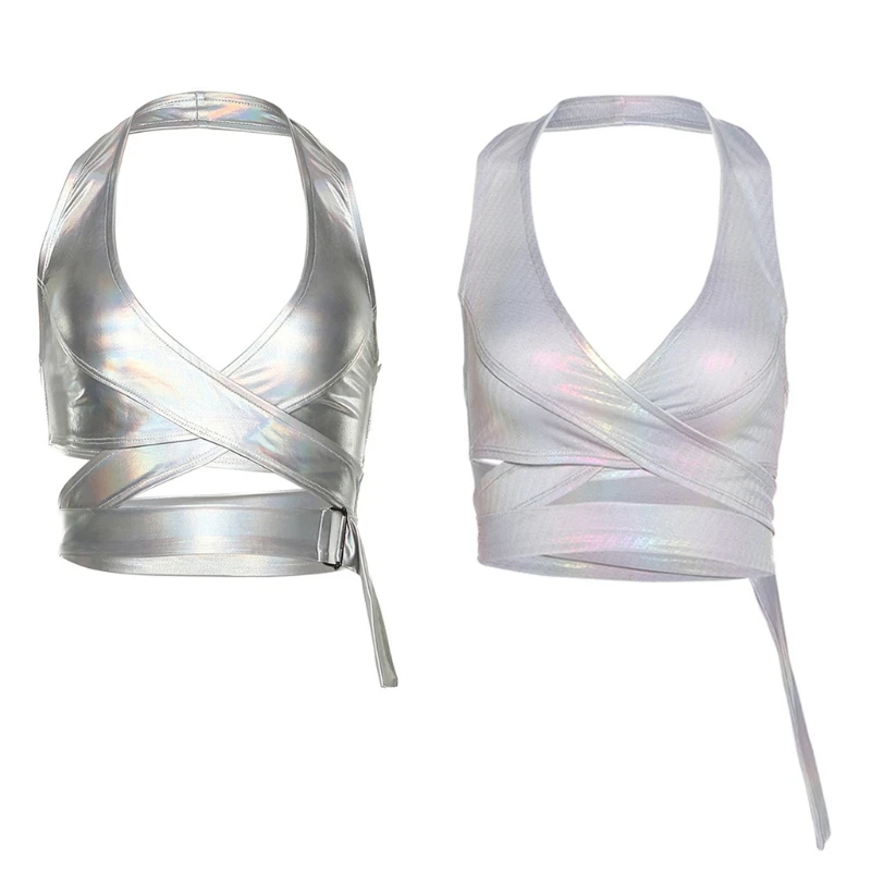 

Women Sexy Strappy Halter Crop Top Shiny Metallic Reflective Crisscross Bralette Holographic Colorful Backless Tank Vest