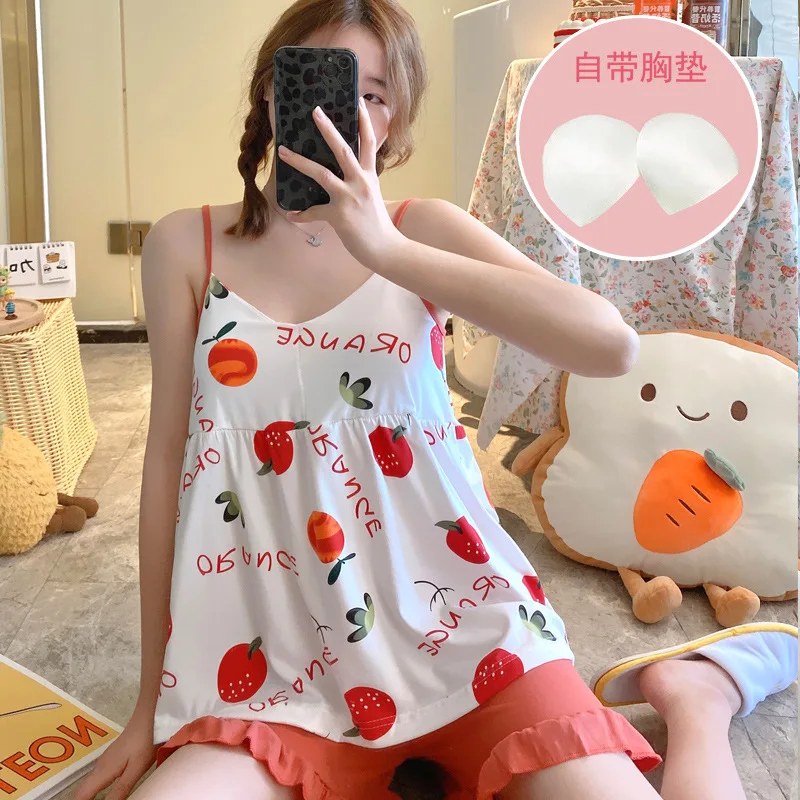 Summer Thin Sleeveless Sling Nightdress Women's Milk Silk Home Suit Sexy Nightgown & Sleepstirts Night Dress with Chest Pads
