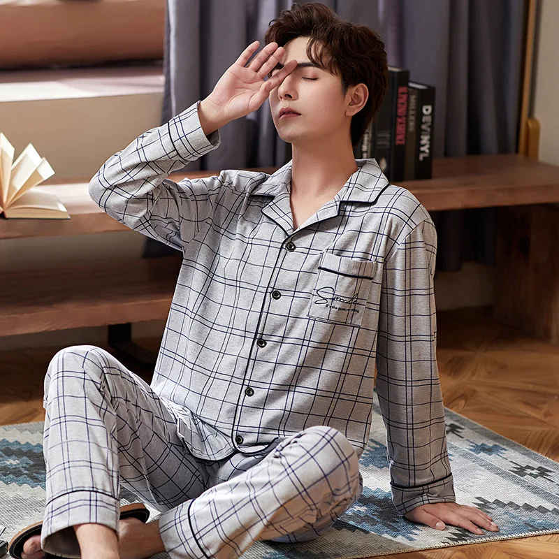 

Men Pajamas Sets with Pocket Cotton Pyjamas Sleepwear Nightwear Long Sleeve Printed Striped Plaid Casual Mens Pajamas