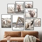 Скандинавский постер Highland с изображением коровы, животных, травы, растений, природный пейзаж, живопись на холсте, современные настенные картины, декор для гостиной